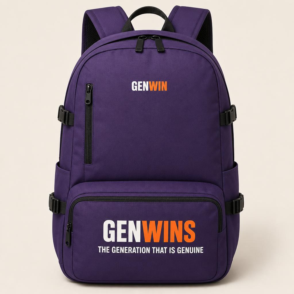 Purple GenWin backpack printed with THE GENERATION THAT IS GENUINE
