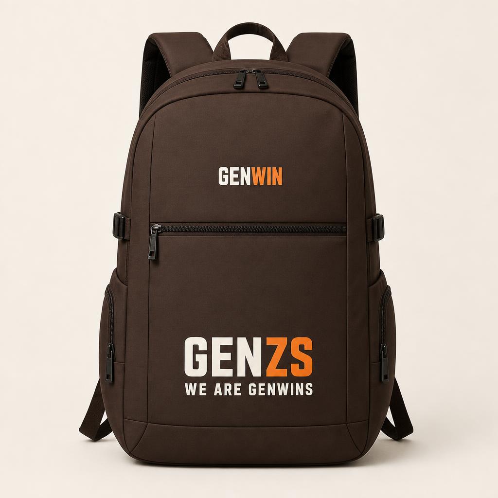 Coffee GenWin backpack printed with WE ARE GENWINS