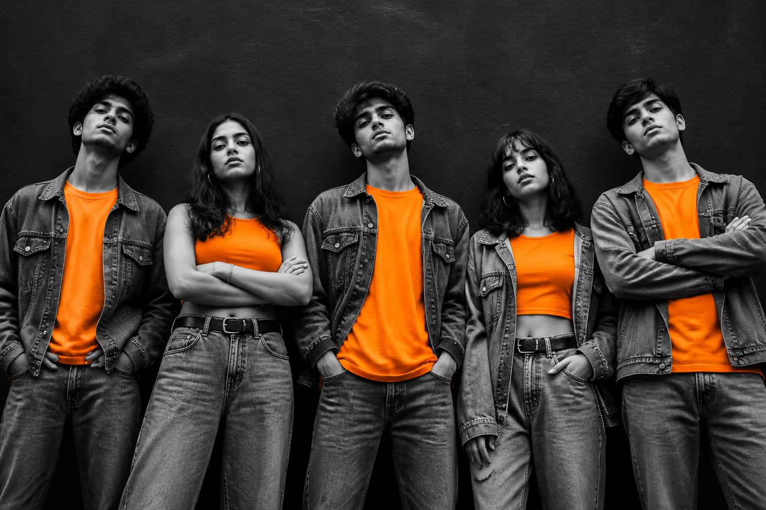 Five Gen Z friends in orange tees standing in a confident line-up