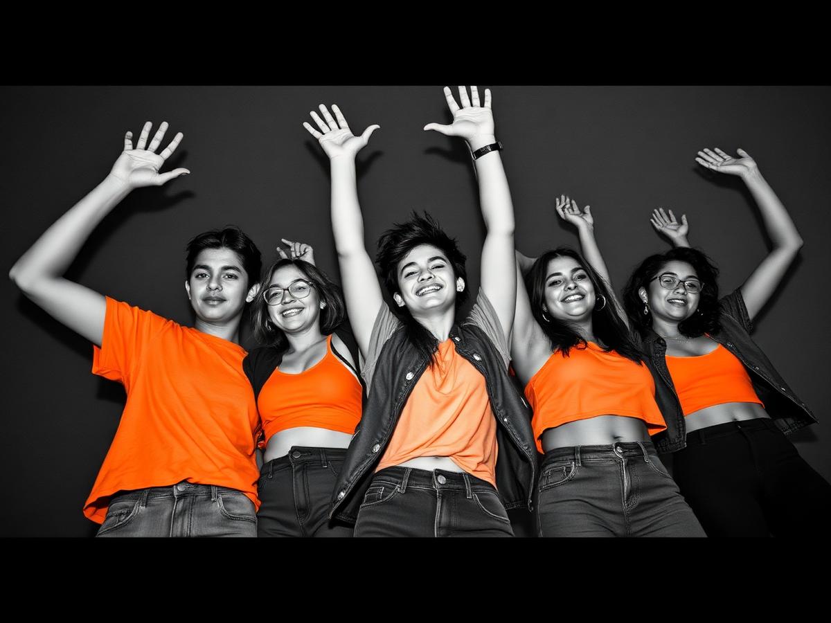 A group of young people with arms raised, mid-celebration