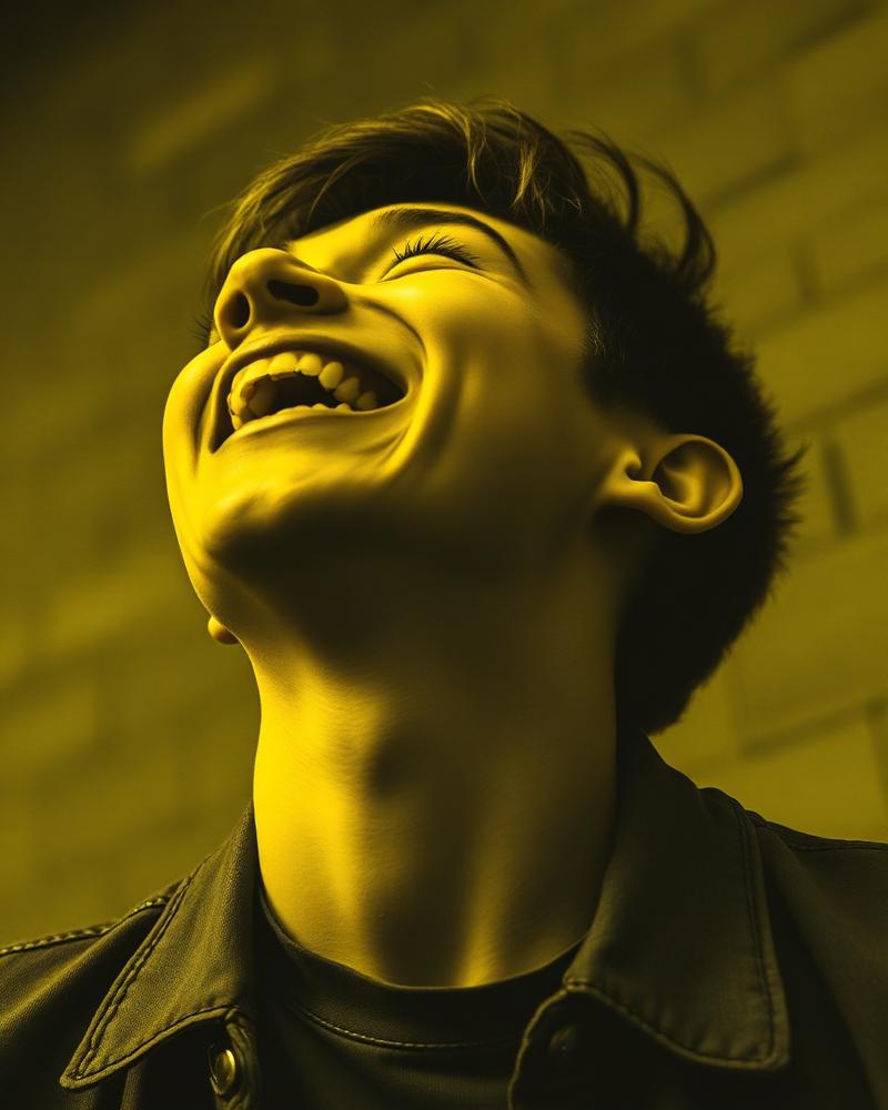 A young person laughing, head tilted back