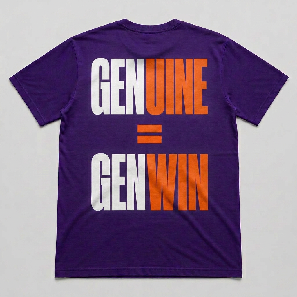 Purple GenWin tee printed with GENUINE = GENWIN