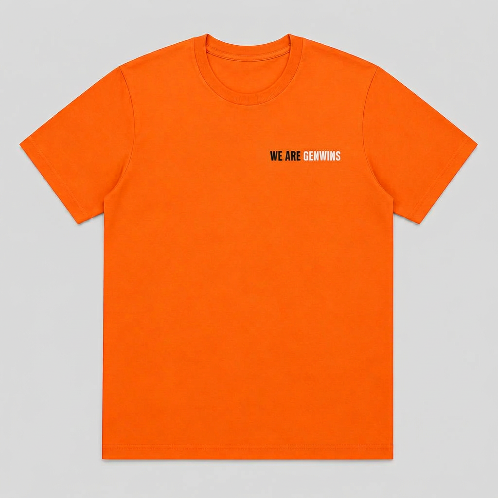 Orange GenWin tee printed with WE ARE GENWINS